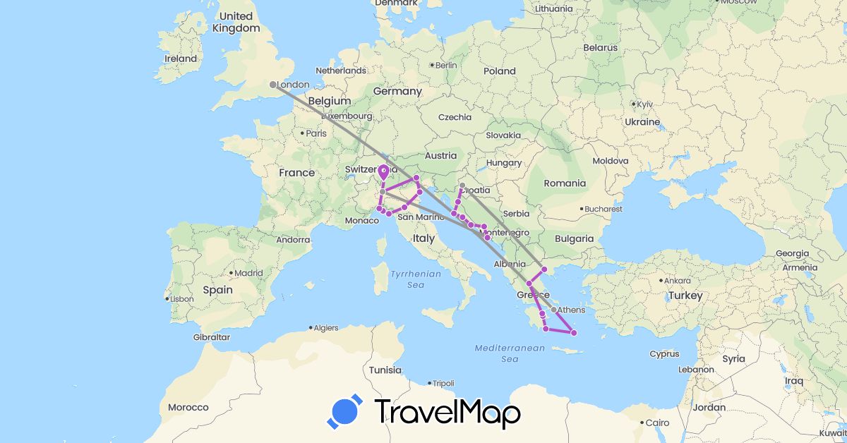 TravelMap itinerary: driving, plane, train in Bosnia and Herzegovina, United Kingdom, Greece, Croatia, Italy (Europe)