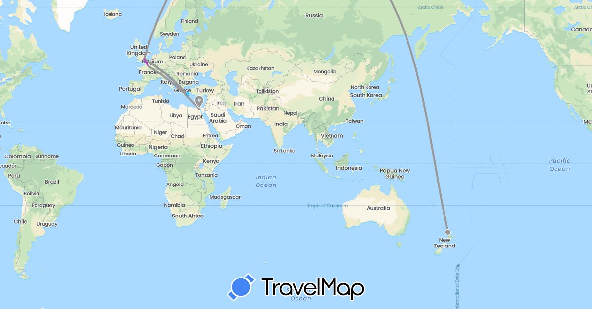 TravelMap itinerary: driving, plane, train, boat in Egypt, France, United Kingdom, Greece, New Zealand (Africa, Europe, Oceania)